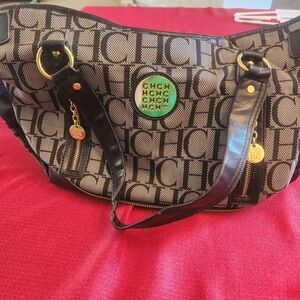 Carolina Herrera Black and Gold Logo Shoulder Bag